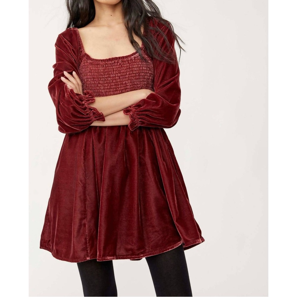 Free People Daphne Velvet Sleeve Mini Dress in Roan Rouge Sz. XS - Picture 5 of 16